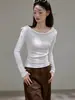 Camiseta de Manga Larga para Mujer, Estilo Suave con Hombros Descubiertos, Volantes en la Cintura, 260g Eco-Seda, para Otoño