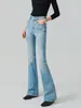 Jeans Feminino Micro-flare de Cintura Alta, Elástico, Slim Fit, Levanta Bumbum, Azul Claro, 26, Novo Clássico de Outono, Design Lavado Emagrecedor