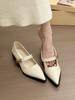 Melodia Verde Névoa! Sapatos Mary Jane de Bico Fino da Moda com Botão Dourado Sapatos de Salto Grosso Femininos Primavera 2025 para o Dia a Dia Francês