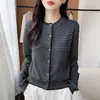 Cardigan de Punto a Rayas Retro Francés Cuello Redondo para Mujer Primavera Otoño Nuevo Manga Larga Camisa Base Suéter de Punto Fino Chaqueta Top