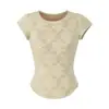 Camiseta de encaje calado de manga corta estilo europeo y americano para mujer, nuevo modelo de verano 2026, entallada en la cintura, dobladillo curvo, top corto adelgazante