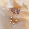 2020 nuevos pendientes largos de borla de perlas con diamantes completos de mariposa morada exagerada noble estilo coreano pendientes de celebridad de internet de moda
