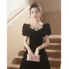 Vestido Longo Preto de Noite Feminino Banquete Temperamento Luxo Leve Nicho Estilo Francês Hepburn Exame de Arte Estudante Cerimônia Adulta Vestido de Noite