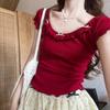 Camiseta de manga corta con cuello redondo y estilo Pure Desire para mujer, recién llegada de verano 2024, con lazo y corte entallado.
