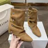 Botas Retrô com Pregas e Bico Apontado Empilhadas para Mulheres, Salto Médio, Novidade Outono 2026, Botas de Camurça Versáteis para Tornozelo, Botas Slim, Botas Western