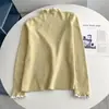Camisa de Malha Básica de Manga Longa com Gola de Renda Pequena Estilo Francês, Suéter Interno Doce com Gola Semi-Alta e Aplicação de Renda