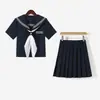 Conjunto auténtico de uniforme de marinero estilo japonés para mujer, que incluye un top de manga larga con cuello azul marino oscuro y una falda plisada, un atuendo de tres piezas