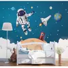 Fondo de pantalla del cielo estrellado para habitación infantil 3D fondo de pantalla de protección ambiental para dormitorio de niño Cohete de dibujos animados Tela de pared