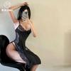 Fin de Temporada Sexy Encaje Escote en V Profundo Elegante Abertura Sexy Lencería Tentación de Cortar Camisón con Tirantes Transparente para Hombre 9067