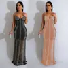 C6841 Moda Europea y Americana Transfronteriza Aliexpress Amazon Vestido Largo de Malla Color Sólido con Tira de Pedrería para Mujer