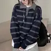Suéter tejido casual versátil de estilo coreano retro juvenil, holgado, de bloques de color, a rayas, con cuello de solapa, de manga larga