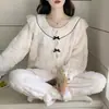Pijama de Terciopelo Coral para Mujer, Estilo Princesa Otoño e Invierno, Forro Polar, Espesado, Encaje, Manga Larga, Cálido, Conjunto de Ropa para el Hogar para Mujer