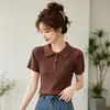 Polo de punto trenzado retro de verano con cuello camisero, bordado de pequeño logo de caballo, corte ajustado, top casual de manga corta para mujer