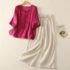 Conjunto de Dos Piezas de Verano Suelto Bordado de Manga Corta Retro de Algodón y Lino Talla Grande Adelgazante para Madres de Mediana Edad: Top y Pantalones de Pierna Ancha