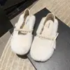 Zapatos Peludos para Mujer Invierno Exterior Más Terciopelo Lazo Algodón Perlado Zapatos Piel de Visón Slip-on Fondo Plano Loafers de Dos Usos