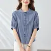 Camisa Azul Delgada de Algodón para Mujer con Mangas Cortas, Nuevo Estilo Verano 2026, Top de Cuello Redondo con un Elegante Diseño Holgado