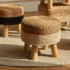 Taburete de paja tejido, taburete bajo rústico, taburete de ratán para cambiarse los zapatos, cojín de asiento tejido engrosado, taburete pequeño de madera, taburete redondo creativo