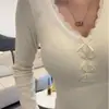 Venta al por mayor transfronteriza Otoño e Invierno Terciopelo Alemán Cálido Encaje Puro Cuello en V Manga Larga Camiseta Térmica para Mujer Camiseta Base