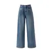 Xin Ge Jeans Wide-Leg Segmentado Azul Retrô Feminino Cintura Alta Caimento Costura de Contraste Tridimensional Calça Reta Longa Solta