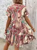 Vestido Camadas Babados Plissados Estampa Paisley Boêmio Europeu e Americano com Decote V e Mangas Curtas Bufantes da Amazon