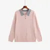 Suéter casual de punto con bloques de color y cuello tipo polo para mujer talla grande estilo otoño 2026 suéter de punto trenzado retro para mujer talla grande 25210