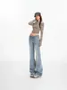 Jeans de campana de tiro bajo azul retro americano para mujer, nueva colección primavera/otoño 2026, con diseño de estampado de leopardo, pantalones largos de campana elegantes y modernos
