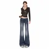 Jeans de estilo idéntico en azul oscuro estilo americano para mujer de Yimengling, adelgazantes, sexys, elásticos, de tiro bajo, ligeramente acampanados