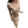 Vestido de punto con cuello estilo francés para mujer, otoño e invierno, entallado en la cintura, adelgazante, puro y seductor, elegante, vestido largo ajustado al cuerpo