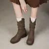 Estilo casual~ Botas de cano médio com salto grosso e bico redondo retrô, botas de cavaleiro com salto grosso de 4 cm, novas botas Martin empilhadas femininas para outono e inverno