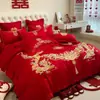 Juego de Cuatro Piezas Rojo Brillante de Alta Calidad para Boda Bordado de Dragón y Fénix Chino Funda Nórdica Sábana Nueva Casa Colcha Alegre Ropa de Cama para Boda