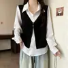 Ropa para mujer de talla grande: un elegante conjunto de dos piezas de chaleco y camisa que disimula el abdomen, perfecto para el otoño, diseñado para hacer que las mujeres de talla grande luzcan más delgadas, con un ajuste normal en los hombros y mangas largas