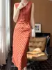 Vestido Midi de Algodão Sem Mangas com Decote em V, Bloco de Cores e Listras, Cintura Alta Emagrecedor - Lançamento Primavera/Verão 2026 para Mulheres