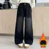 Calça Jeans Outono/Inverno 2026 Estilo Coreano para Crianças de Meia-Idade e Mais Velhas Bolsos Dupla Cor Jeans com Aveludado Coração Pequeno
