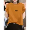 Camiseta de Manga Curta Algodão Puro com Ombro Reto Estilo High-End Roxa para Mulheres, Moda Verão 2026, Rejuvenescedora, Estilosa, Versátil