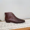 2024 Novas Botas Martin Quadradas de Couro Genuíno de Primeira Camada Salto Grosso Feminino Boca em V Estilo Britânico Slim Botas Curtas de Salto Grosso