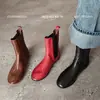 Botas Chelsea de Couro de Primeira Camada Botas Curtas Femininas Outono Novo Couro Genuíno Bico Redondo Manga Costurada Botas Curtas de Couro Genuíno Femininas Botas Únicas Femininas