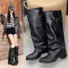 Botas Altas Negras para Mujer 2026 Primavera y Otoño Nuevas Botas Altas Arrugadas para Charcos Tacón Grueso Botas Altas Vaqueras Occidentales