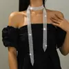Corrente de clavícula longa com franja de strass multicamadas exagerada brilhante europeia e americana, gargantilha de personalidade feminina Net Red, colar vintage preto