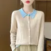 Cardigan de tricô moderno falso duas peças para mulheres, gola polo, modelagem que emagrece, suéter color block, caimento solto, top jaqueta com gola de lapela