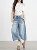 Chao Li tem em estoque jeans vintage com efeito desgastado de três quartos para mulheres, novo estilo de verão, shorts largos retos estilo americano.