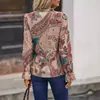 Roupa Feminina Cruzada Europeia e Americana à Vista Amazon Outono Nova Camisa Franzida com Estampa Paisley e Manga Lanterna
