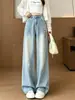 Jeans de mujer de moda color claro, rotos, bordados de estrellas, de tiro alto, pierna ancha, largos hasta el suelo y con dobladillo curvo para otoño