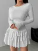 Vestido feminino doce e fresco com cintura marcada, mangas longas plissadas, saia curta, vestido tipo bolo de várias camadas com babados para o dia a dia