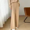 Pantalones de Pierna Ancha Engrosados con Ranuras para Mujer 100% Lana Pura Cintura Elástica Color Sólido Pierna Recta de Moda Versátiles Pantalones con Caída