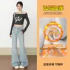 Pantalones Acampanados de Cintura Baja con Forro de Polar Estilo Americano para Mujer, Nueva Moda de Invierno 2025, No Ajustados, Versátiles, Adelgazantes, Elásticos, Jeans