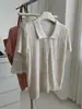 Camisa Polo Vintage de Cuero Rosa de Punto para Mujer con Bordes Enrollados y Diseño Hueco, Camiseta de Tencel Lino, Talla 26, Top de Verano