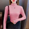 Suéter de punto con volantes en el dobladillo y detalles de encaje, cuello semi-alto elegante para mujer, capa interior de moda para otoño e invierno, top ajustado