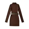 1613-25 Novo Estilo de Inverno Cintura Marcada Gola Meia-Alta Manga Longa Justo no Corpo Curto Vestido Estilo Puro Desejo Francês com Cinto