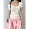 Camiseta de Manga Corta con Cuello Drapeado Off-Shoulder Estilo Francés de Lana Tencel para Mujer, Top Suave y Ligero de Verano Ajustado 2699