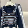 Top de Otoño para Niña de Manga Larga 2026 Nuevo Estilo, Falso Dos Piezas Primavera/Otoño Rayado Retro Coreano